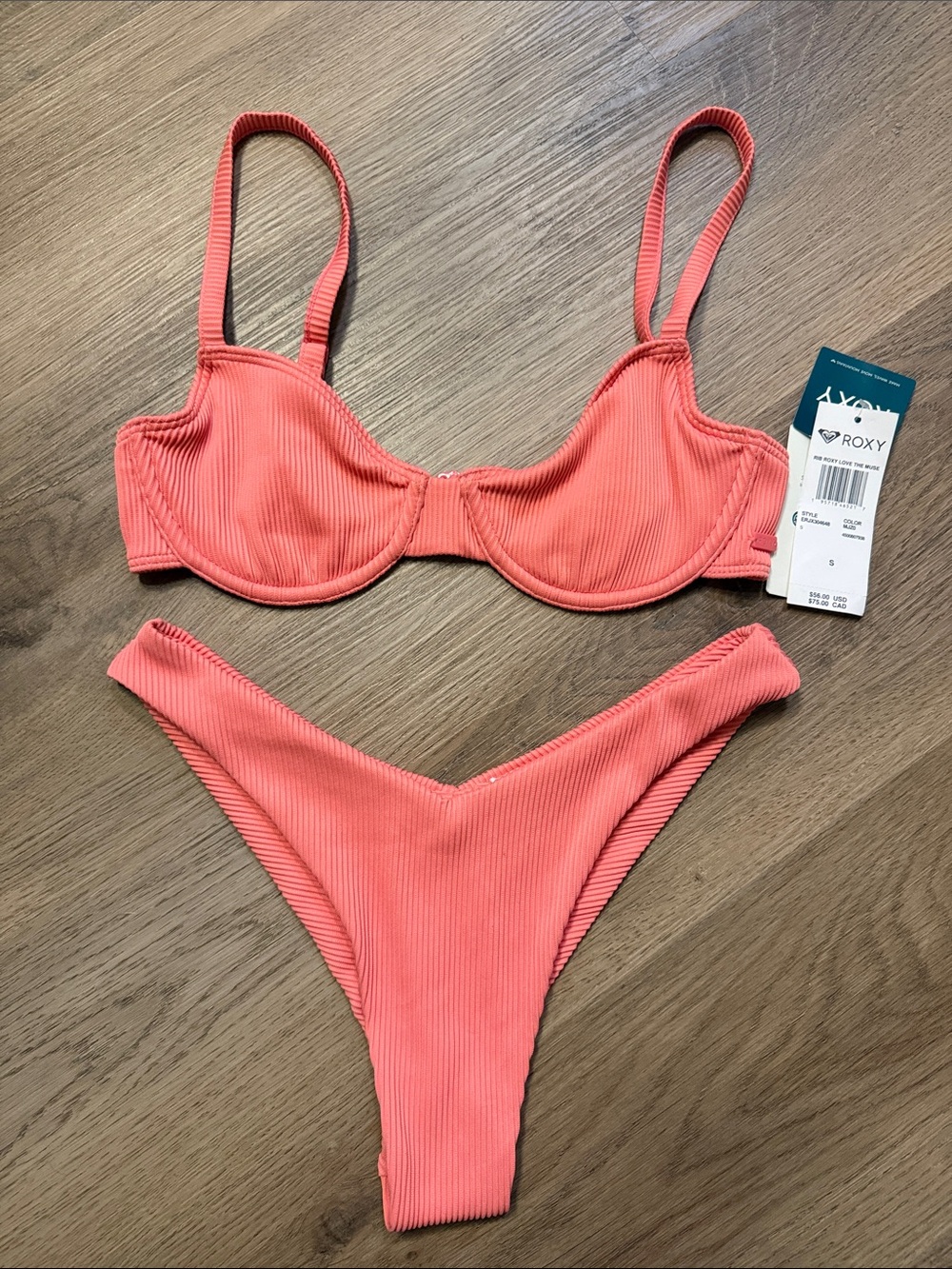 Roxy Coral Ribbed Underwire Thong Bikini Set - NWT size S